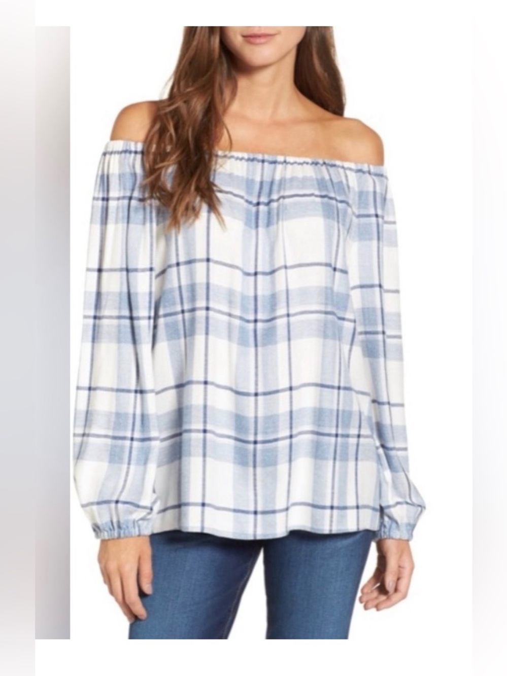 Vince Camuto White and Blue Plaid Off-Shoulder Blouse